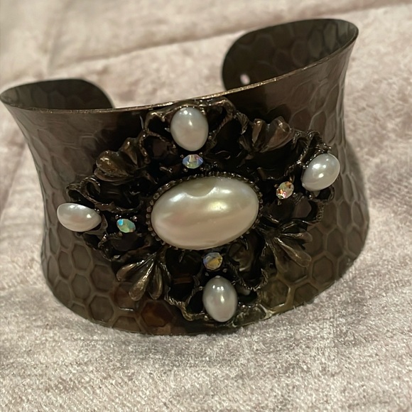 Bronze Honeycomb Faux Pearl Rhinestone Bracelet Cuff 6-9” Southwestern Style - Picture 6 of 7